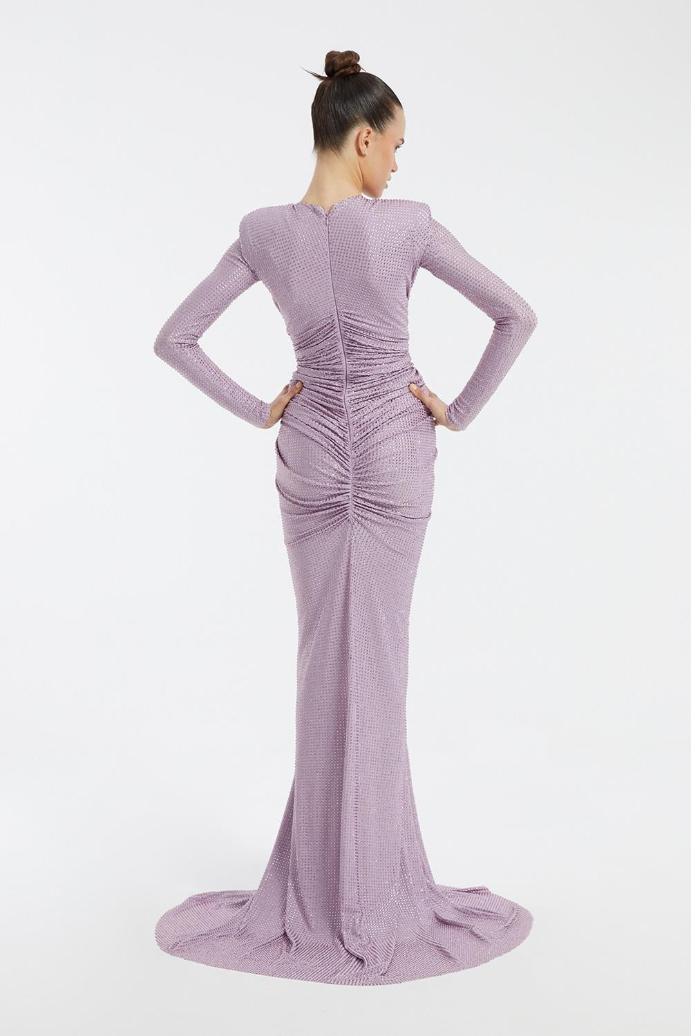 Long Sleeve Draped Long Evening Dress - 3011C