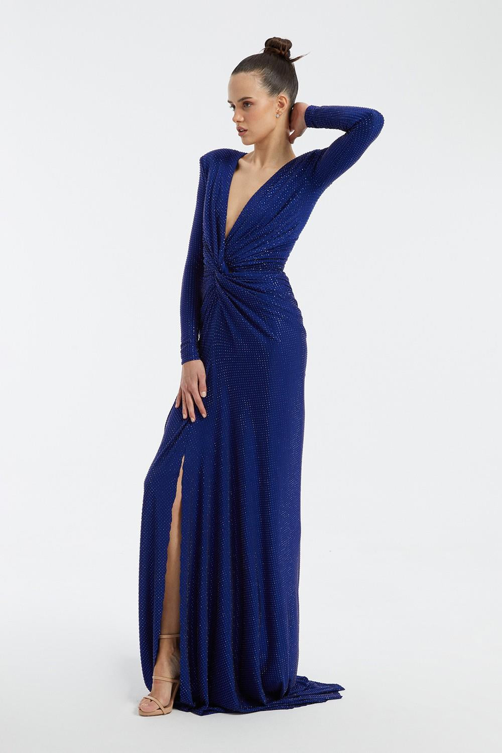 Long Sleeve Draped Long Evening Dress - 3011C
