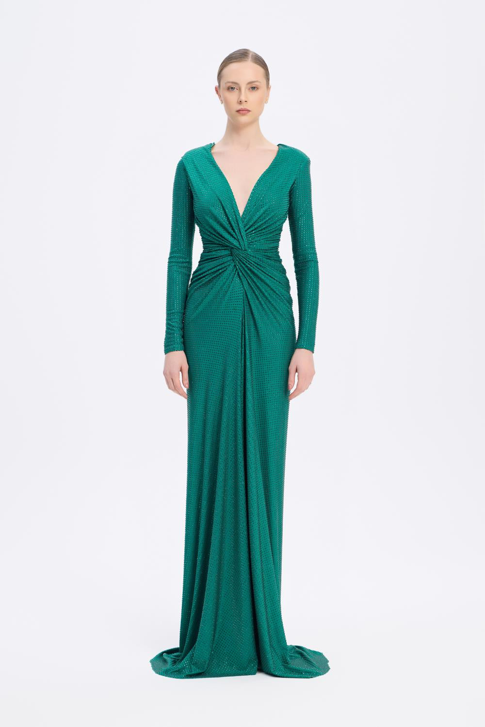 Long Sleeve Draped Long Evening Dress - 3011C