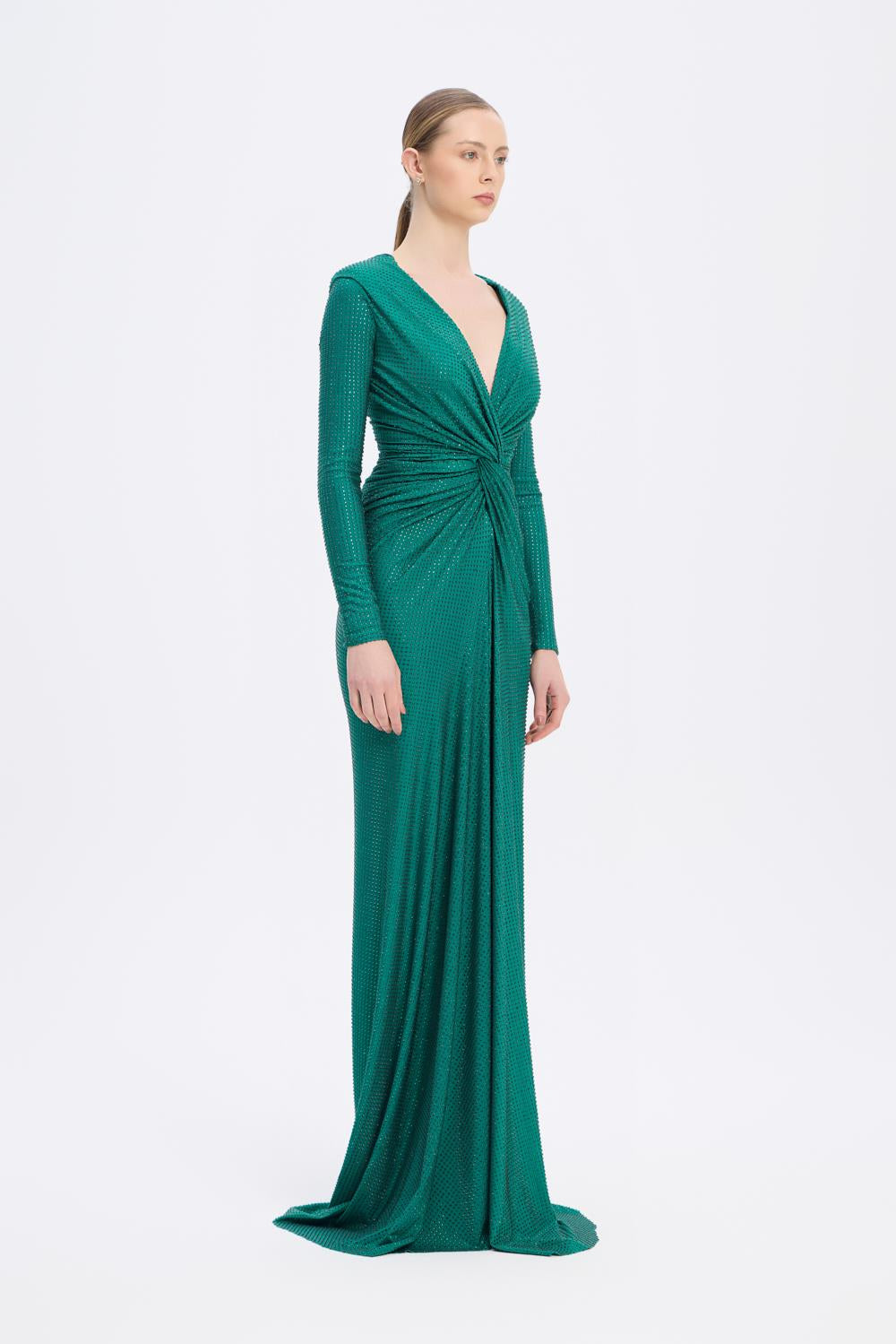 Long Sleeve Draped Long Evening Dress - 3011C