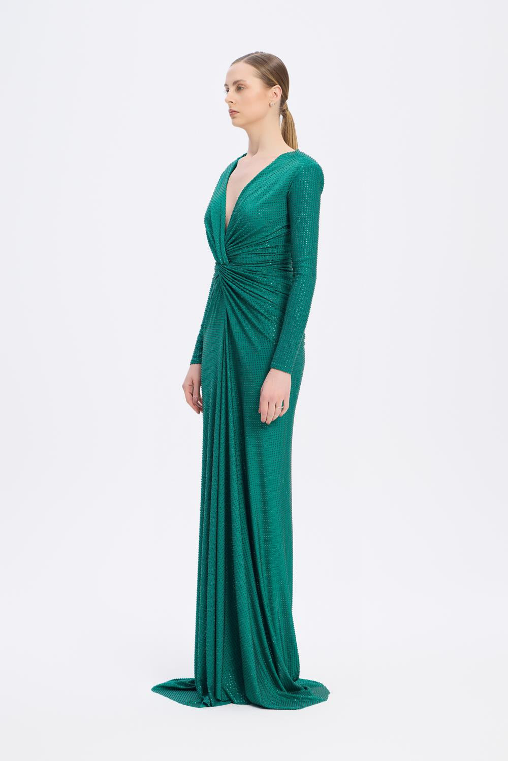 Long Sleeve Draped Long Evening Dress - 3011C