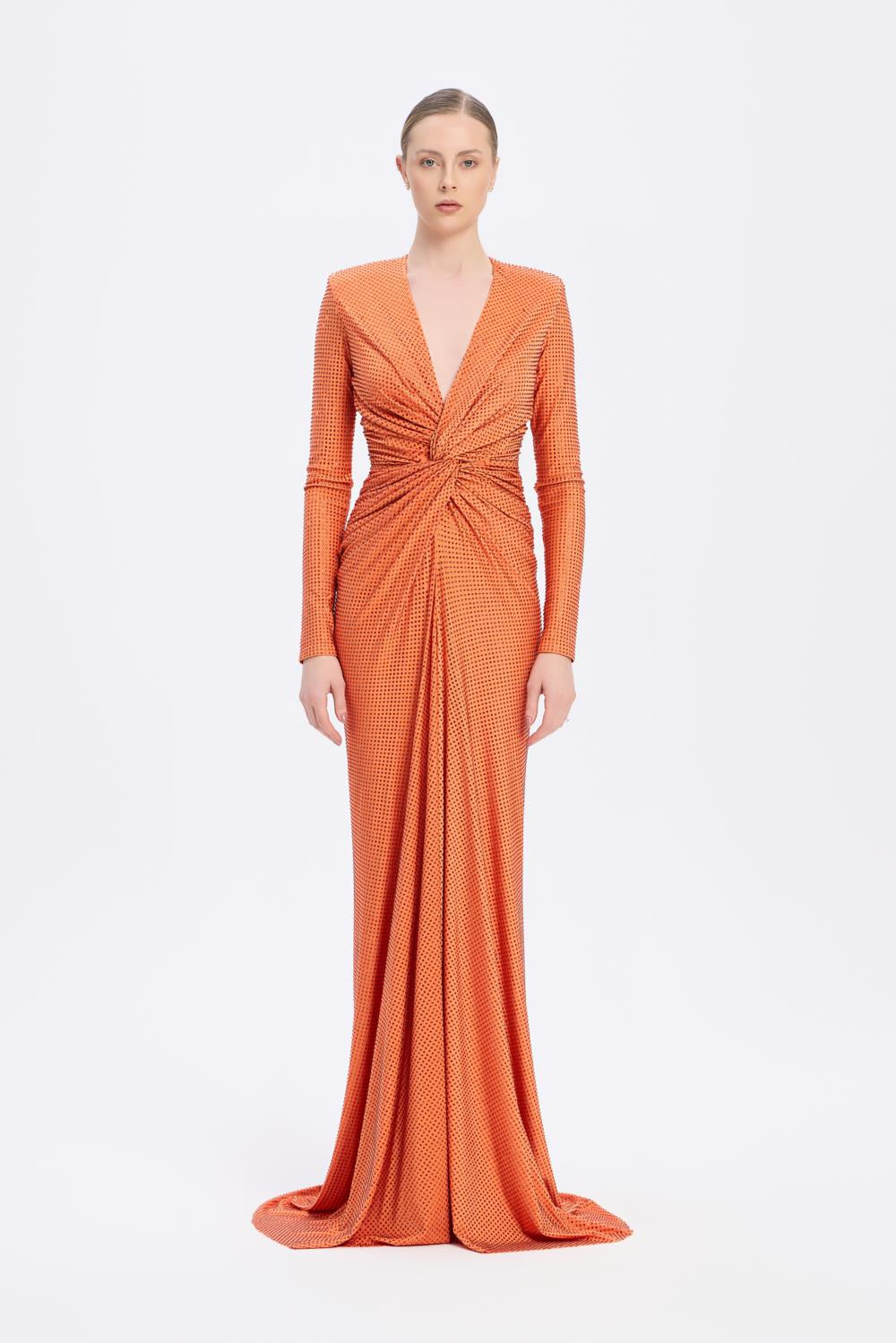 Long Sleeve Draped Long Evening Dress - 3011C