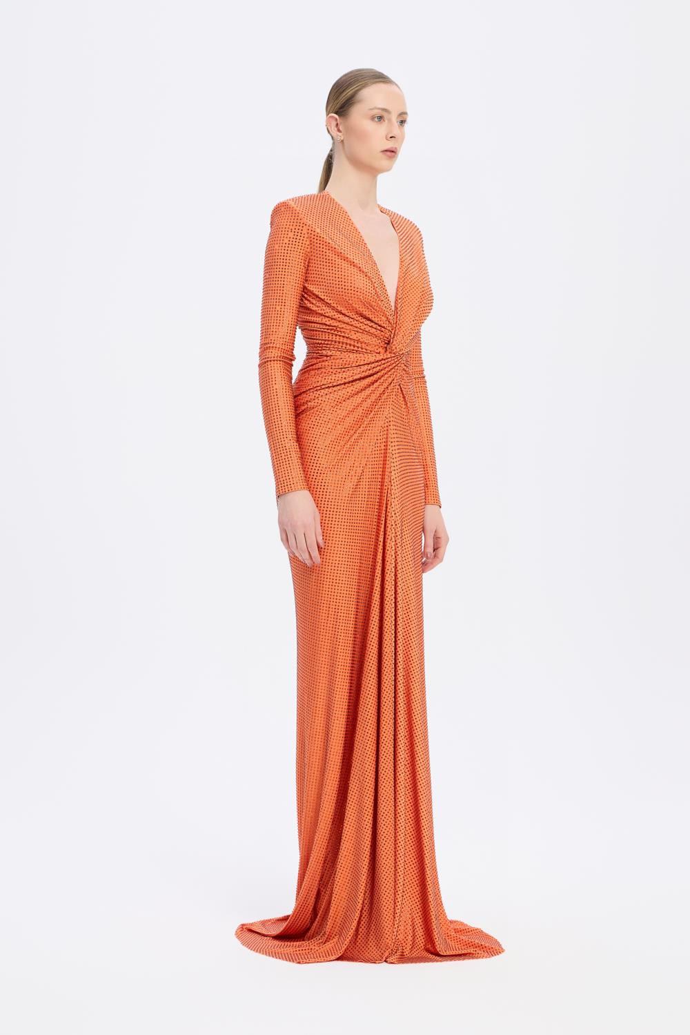 Long Sleeve Draped Long Evening Dress - 3011C