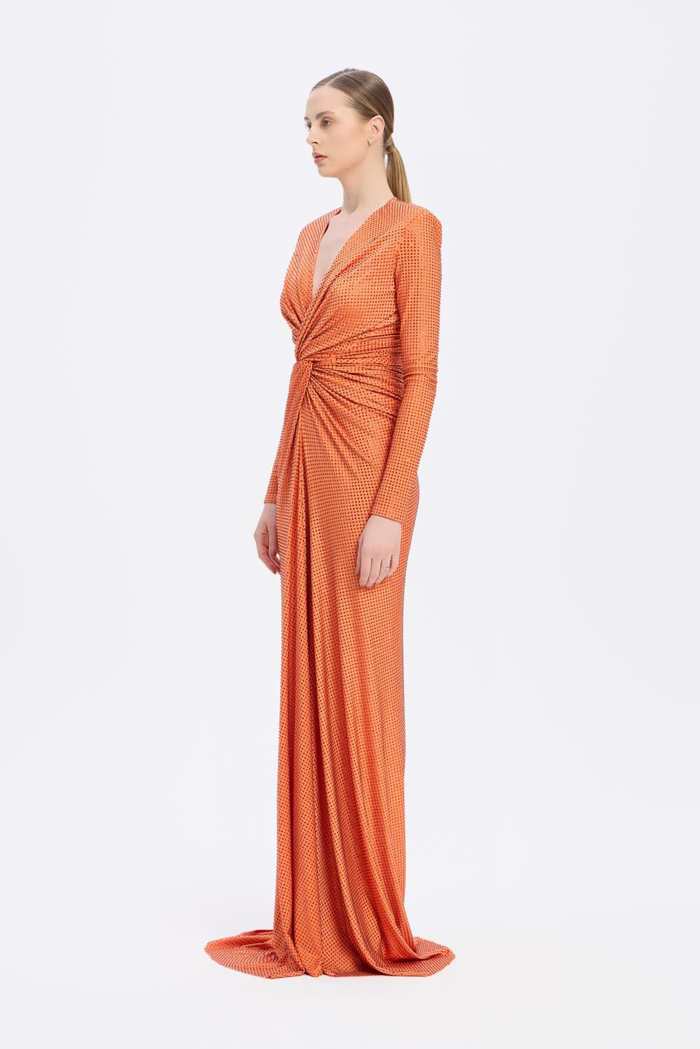 Long Sleeve Draped Long Evening Dress - 3011C