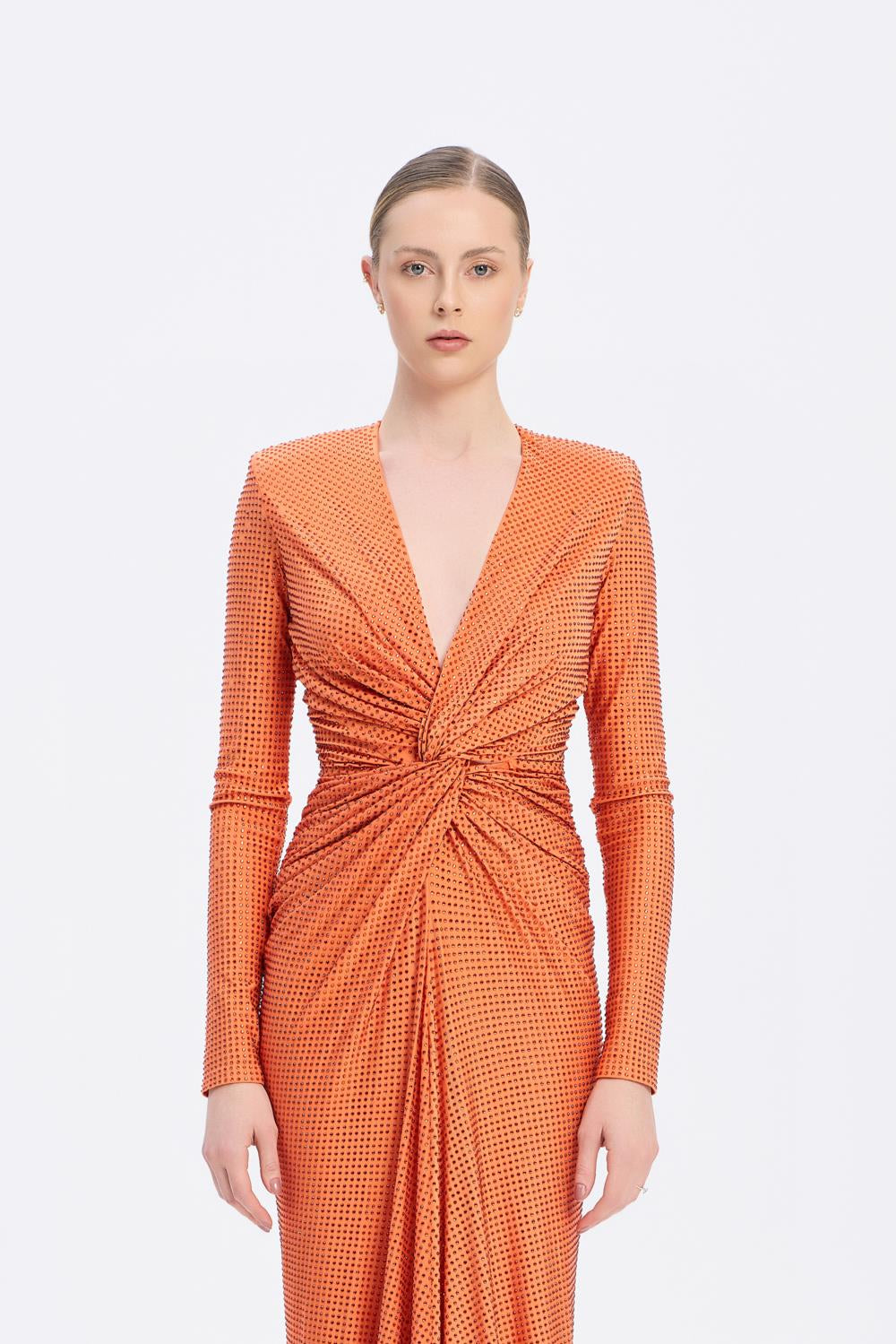 Long Sleeve Draped Long Evening Dress - 3011C