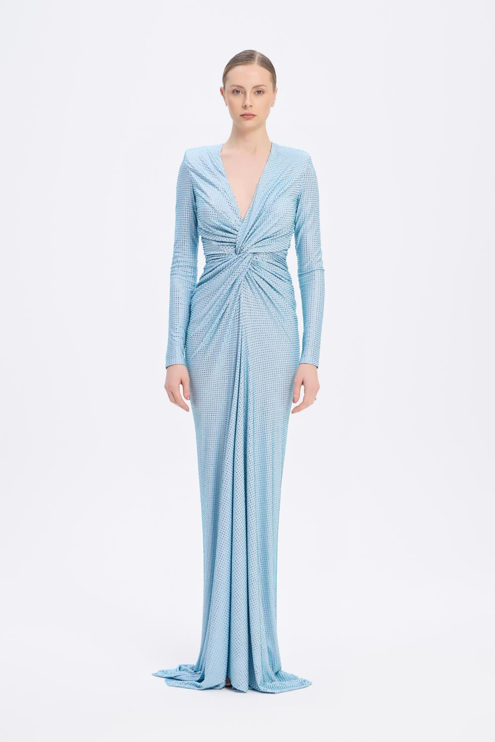 Long Sleeve Draped Long Evening Dress - 3011C