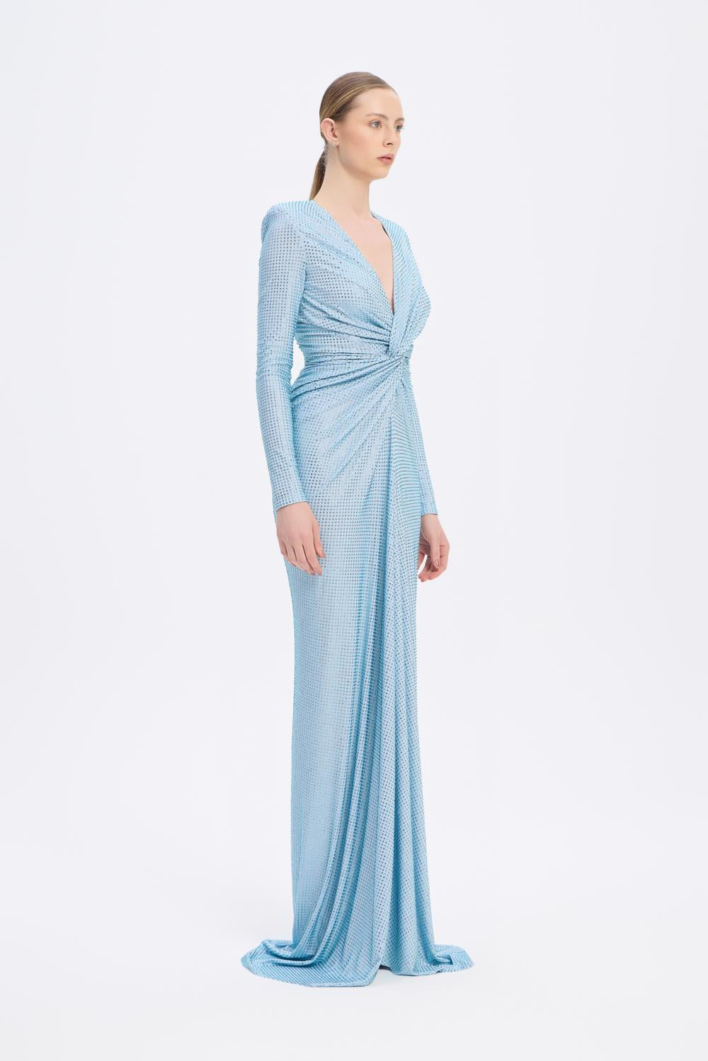 Long Sleeve Draped Long Evening Dress - 3011C