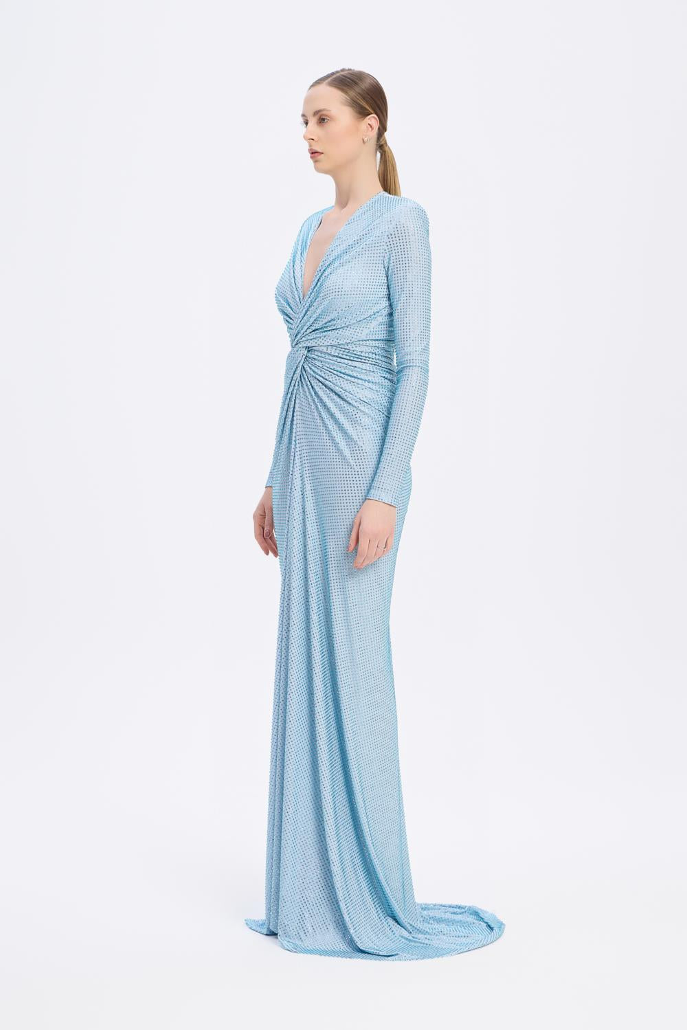 Long Sleeve Draped Long Evening Dress - 3011C
