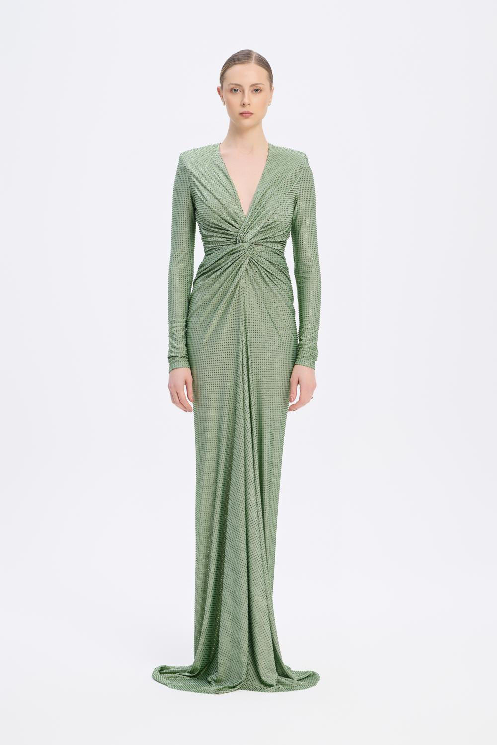 Long Sleeve Draped Long Evening Dress - 3011C