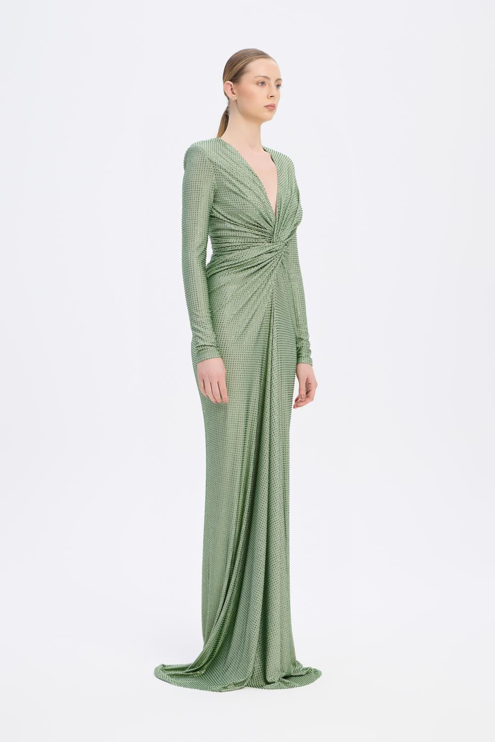 Long Sleeve Draped Long Evening Dress - 3011C