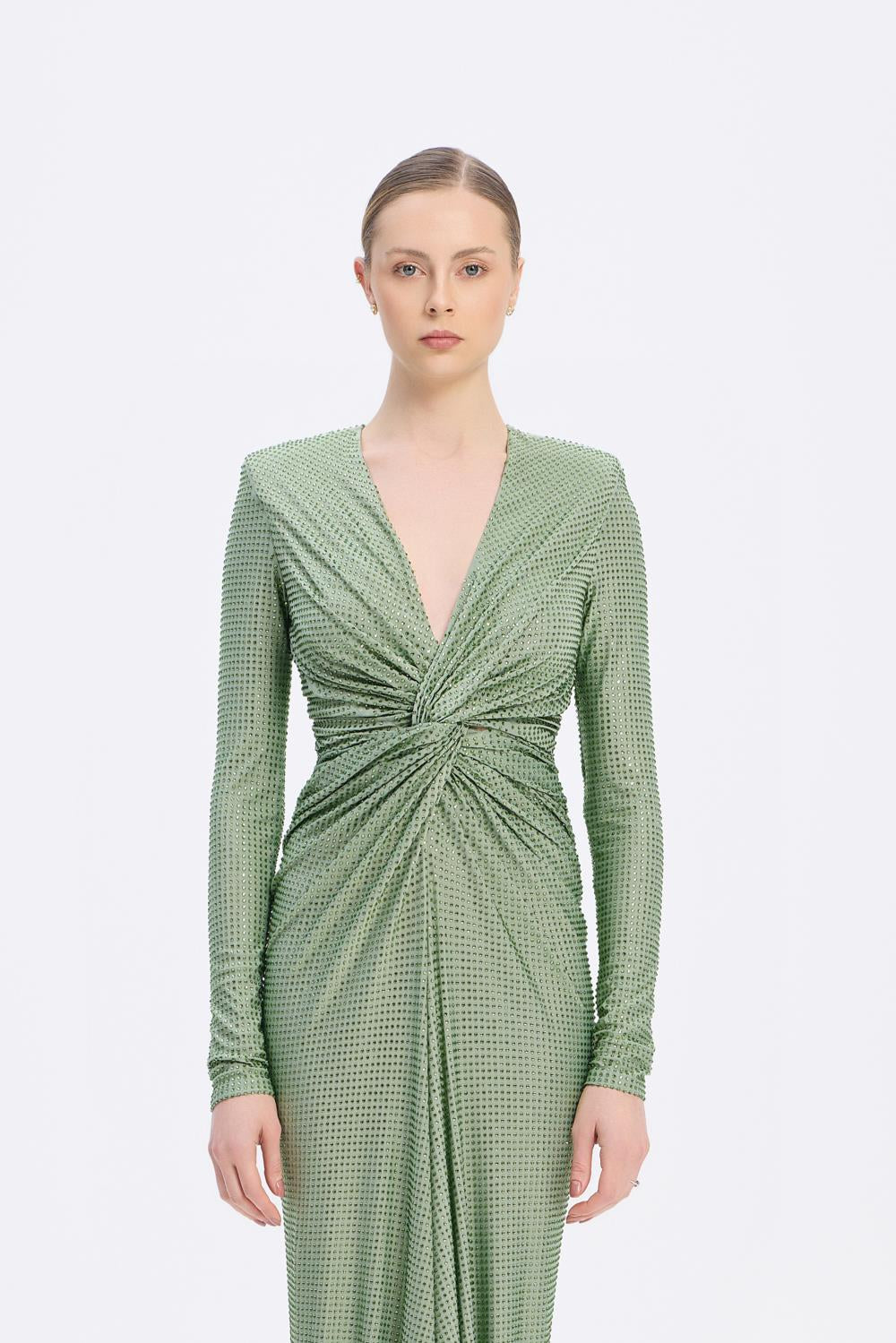 Long Sleeve Draped Long Evening Dress - 3011C