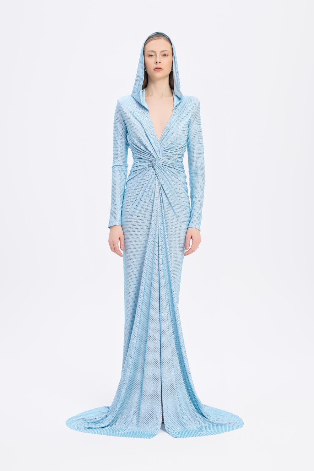 Long Sleeve Draped Evening Dress with Hat - 3011H