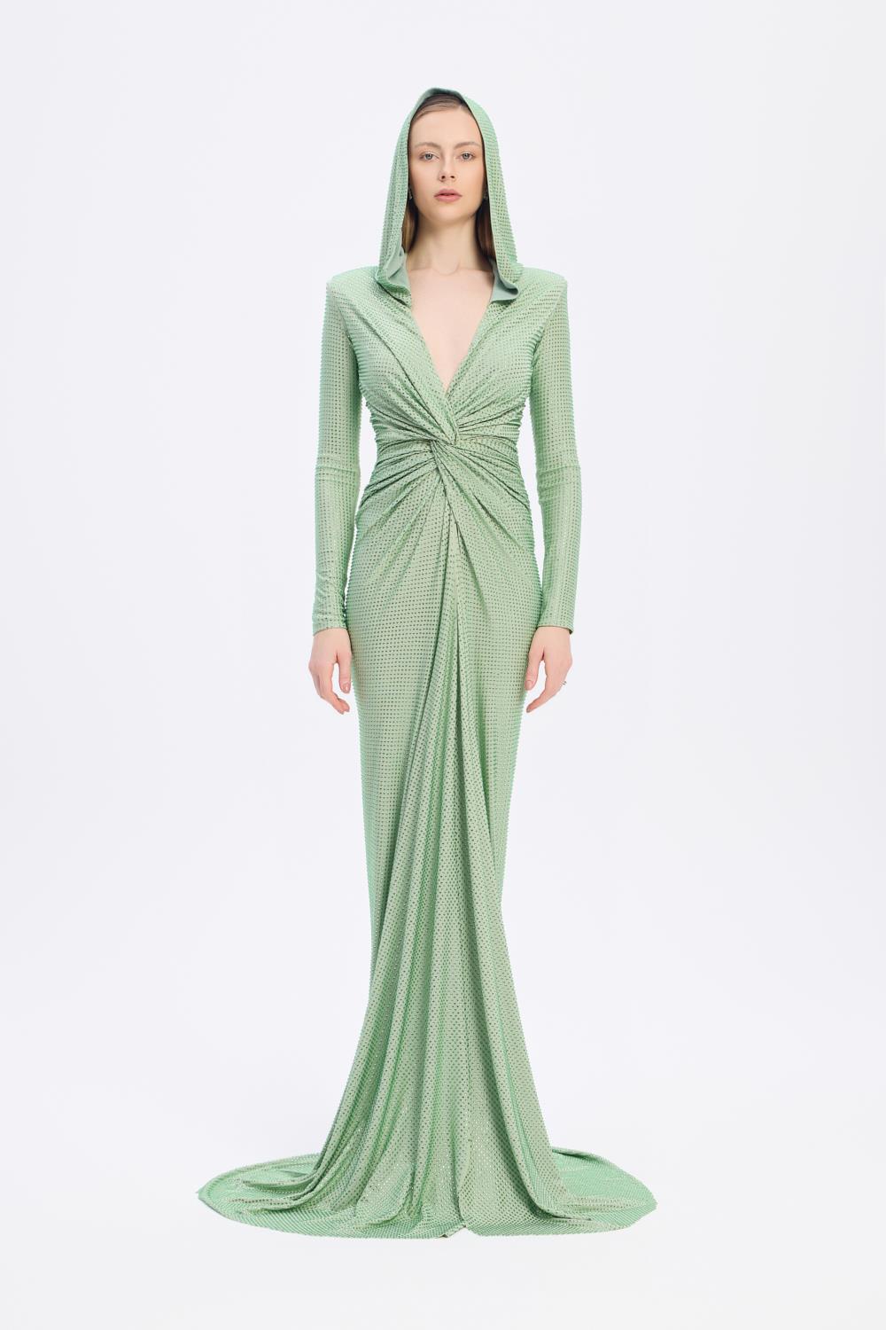 Long Sleeve Draped Evening Dress with Hat - 3011H