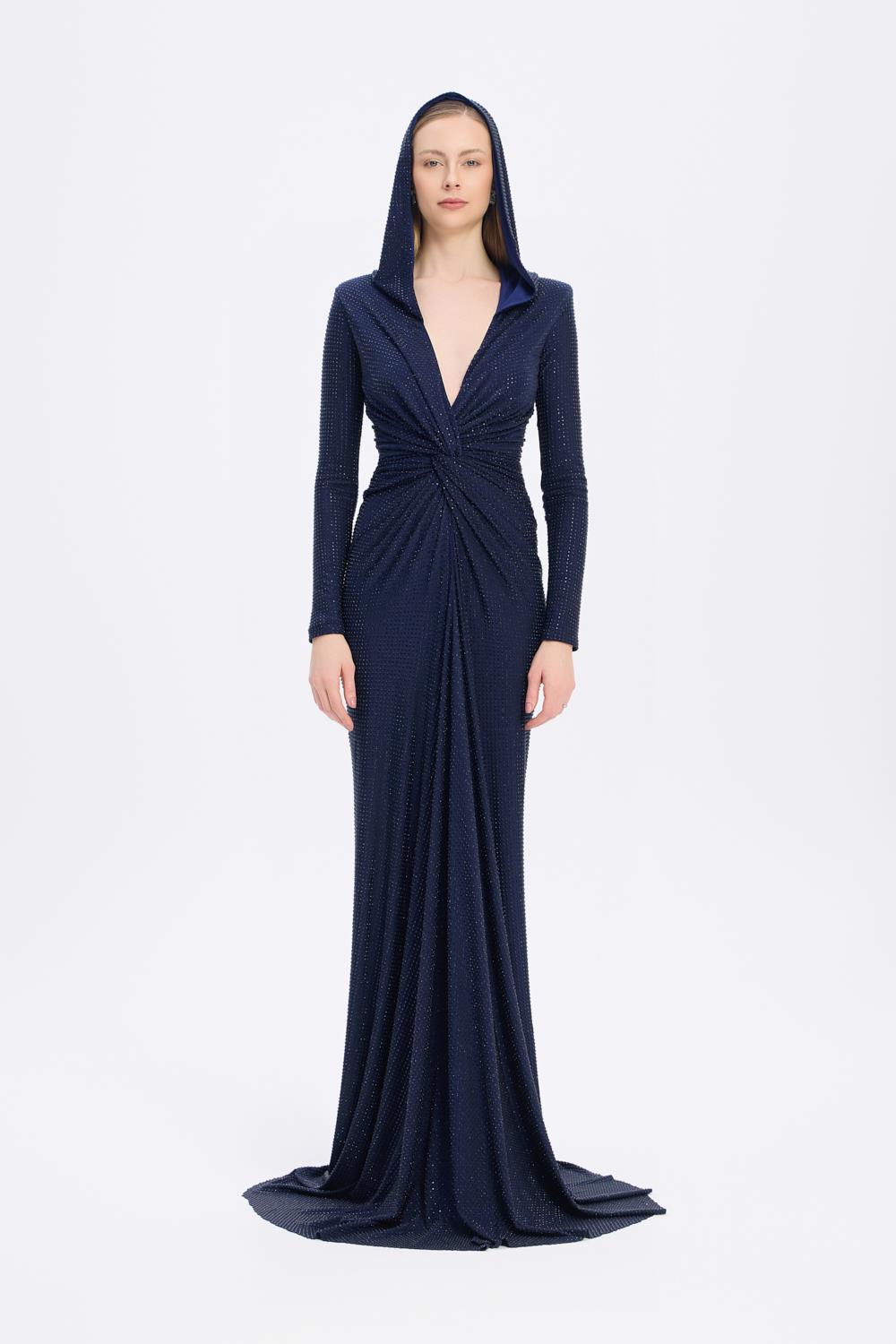 Long Sleeve Draped Evening Dress with Hat - 3011H