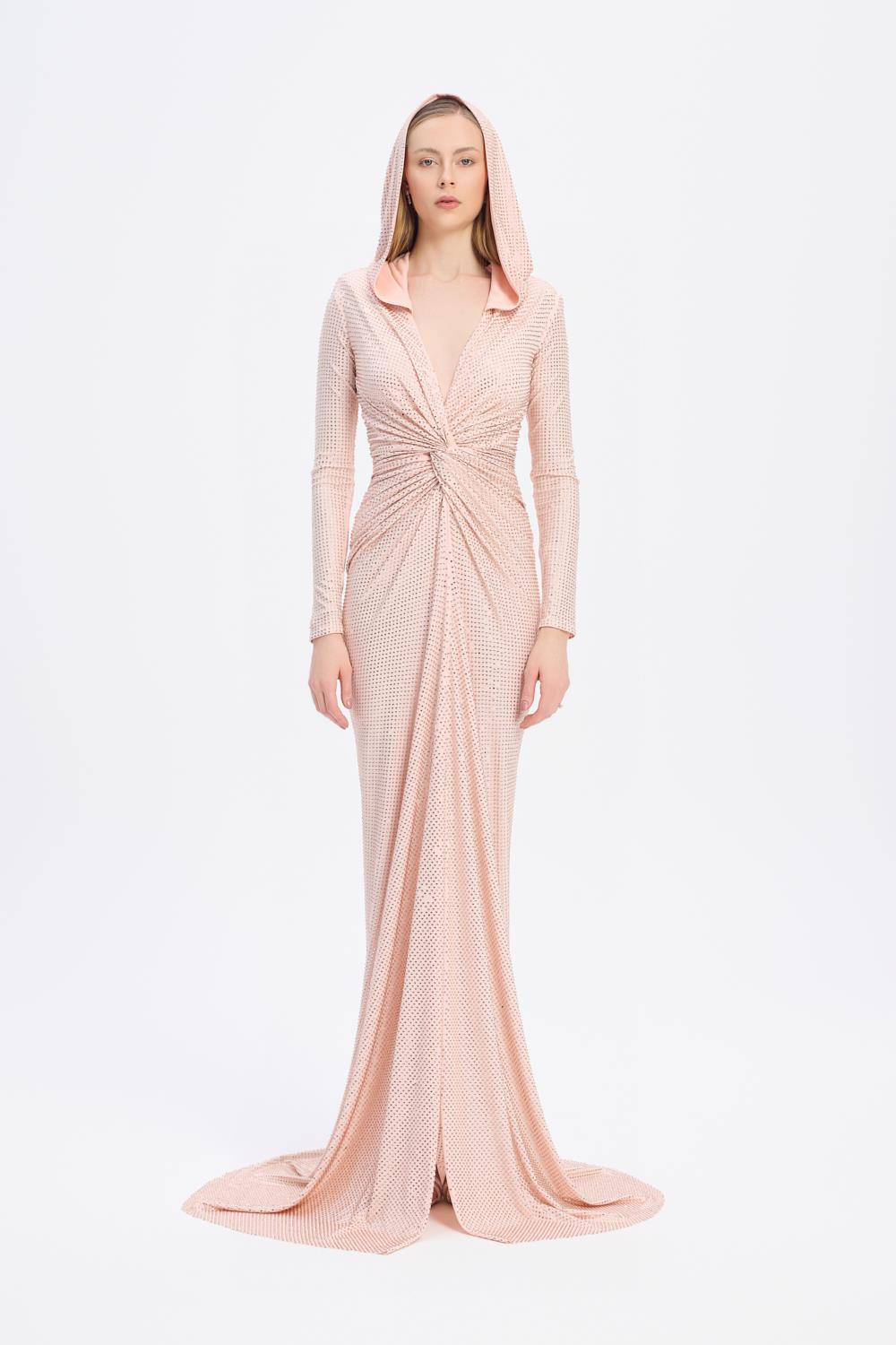 Long Sleeve Draped Evening Dress with Hat - 3011H