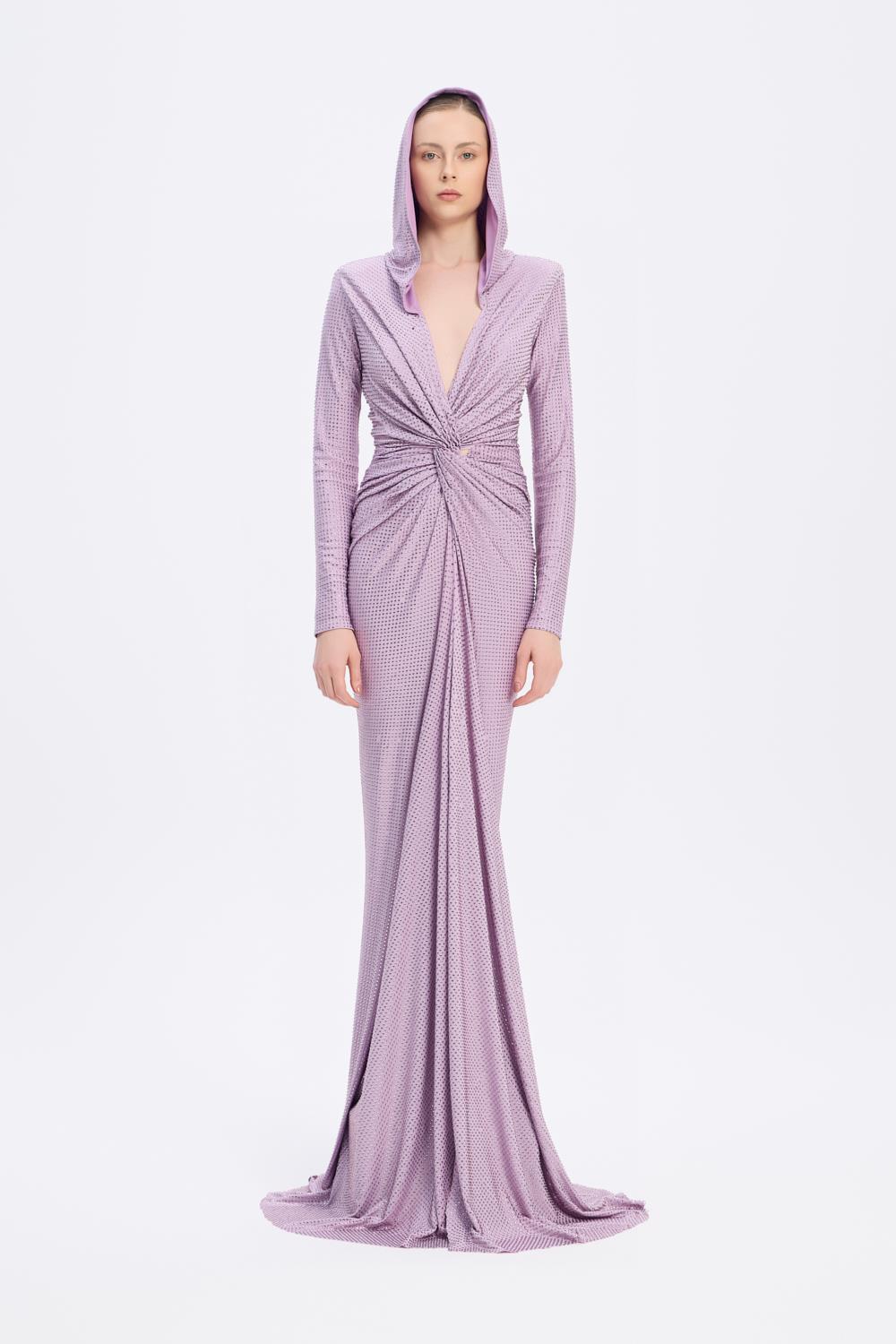 Long Sleeve Draped Evening Dress with Hat - 3011H