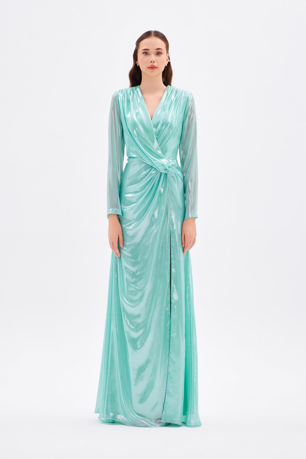 Uzun Kollu V Yaka Büzgü Detaylı Uzun Abiye Elbise - 5048C - BAKIR