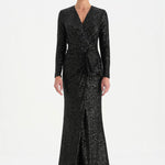 Payetli V Yaka Yırtmaçlı Drapeli Abiye Elbise - 26065C