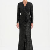 Payetli V Yaka Yırtmaçlı Drapeli Abiye Elbise - 26065C