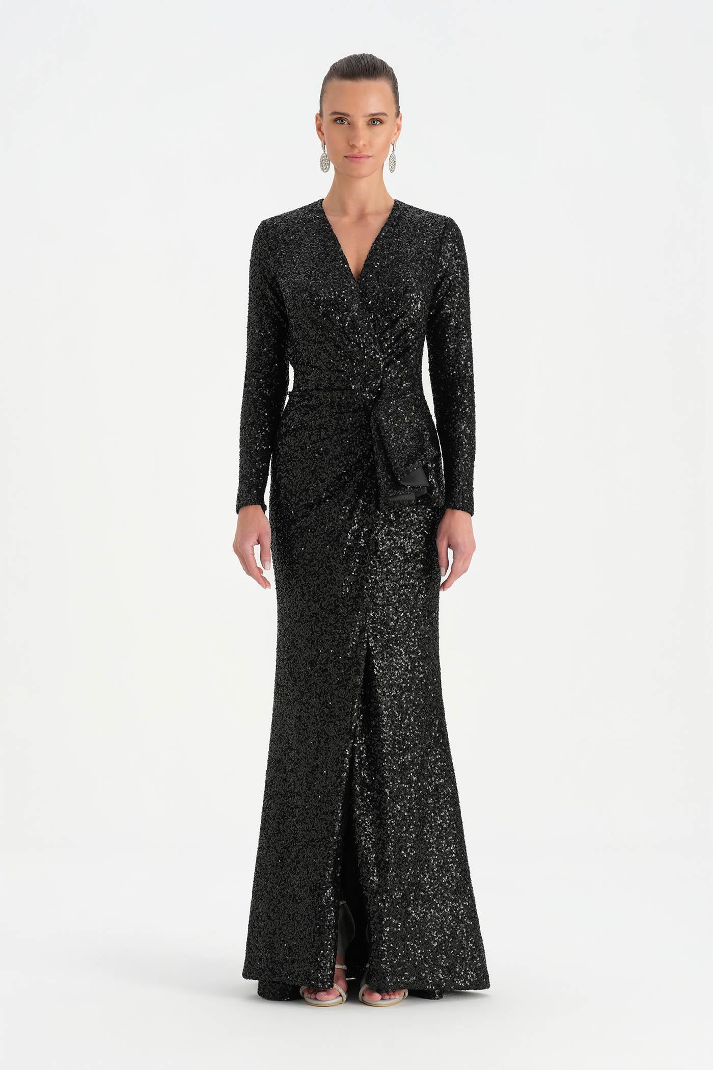 Payetli V Yaka Yırtmaçlı Drapeli Abiye Elbise - 26065C