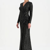 Payetli V Yaka Yırtmaçlı Drapeli Abiye Elbise - 26065C