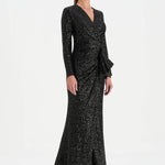 Payetli V Yaka Yırtmaçlı Drapeli Abiye Elbise - 26065C