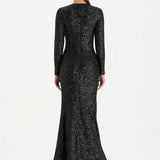 Payetli V Yaka Yırtmaçlı Drapeli Abiye Elbise - 26065C