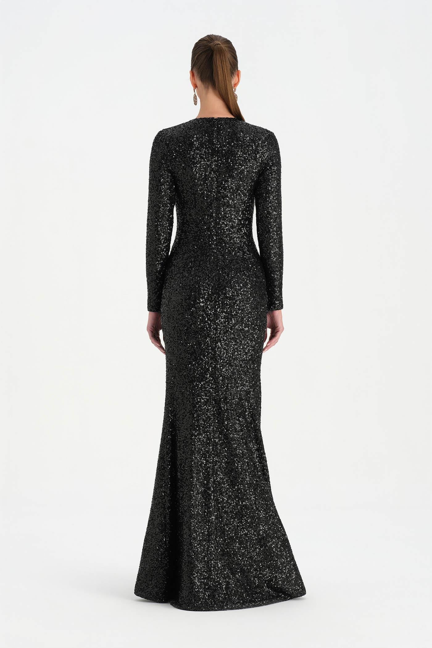 Payetli V Yaka Yırtmaçlı Drapeli Abiye Elbise - 26065C