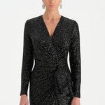 Payetli V Yaka Yırtmaçlı Drapeli Abiye Elbise - 26065C