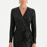 Payetli V Yaka Yırtmaçlı Drapeli Abiye Elbise - 26065C