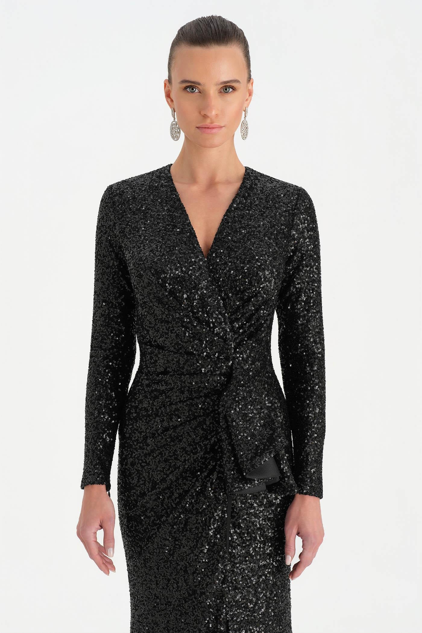 Payetli V Yaka Yırtmaçlı Drapeli Abiye Elbise - 26065C