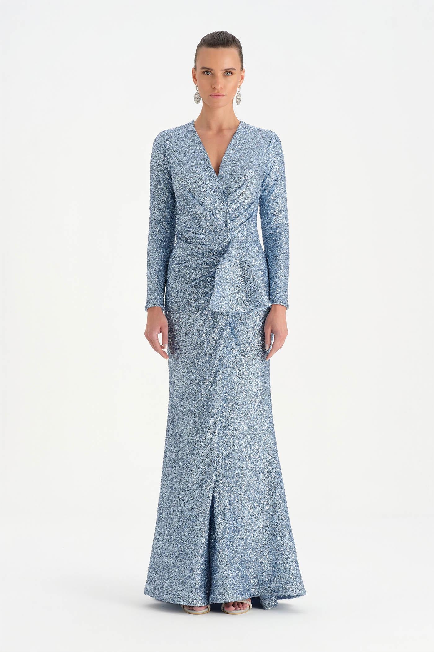 Payetli V Yaka Yırtmaçlı Drapeli Abiye Elbise - 26065C