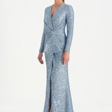 Payetli V Yaka Yırtmaçlı Drapeli Abiye Elbise - 26065C