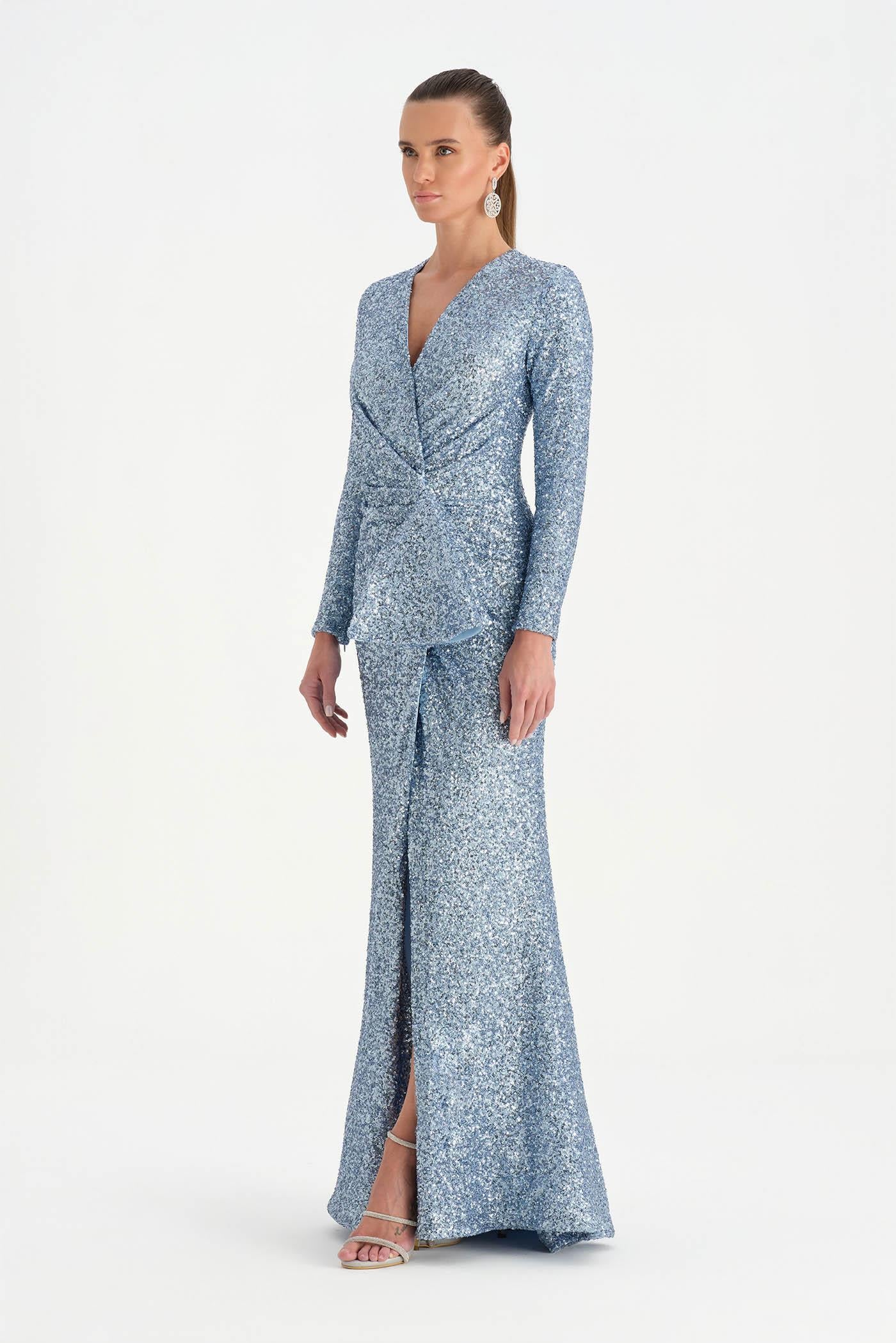 Payetli V Yaka Yırtmaçlı Drapeli Abiye Elbise - 26065C