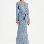 Payetli V Yaka Yırtmaçlı Drapeli Abiye Elbise - 26065C