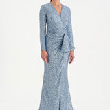 Payetli V Yaka Yırtmaçlı Drapeli Abiye Elbise - 26065C