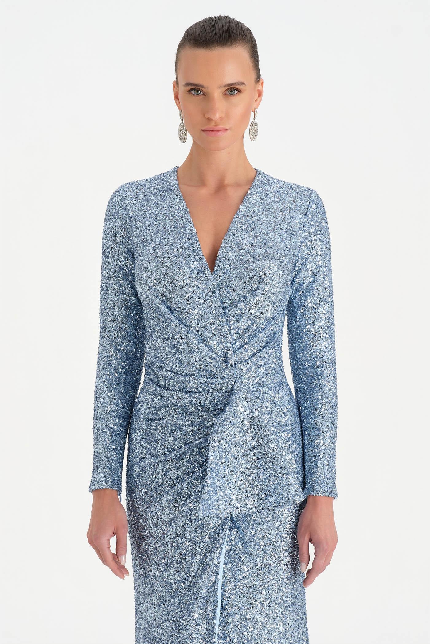 Payetli V Yaka Yırtmaçlı Drapeli Abiye Elbise - 26065C