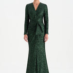 Payetli V Yaka Yırtmaçlı Drapeli Abiye Elbise - 26065C