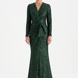 Payetli V Yaka Yırtmaçlı Drapeli Abiye Elbise - 26065C