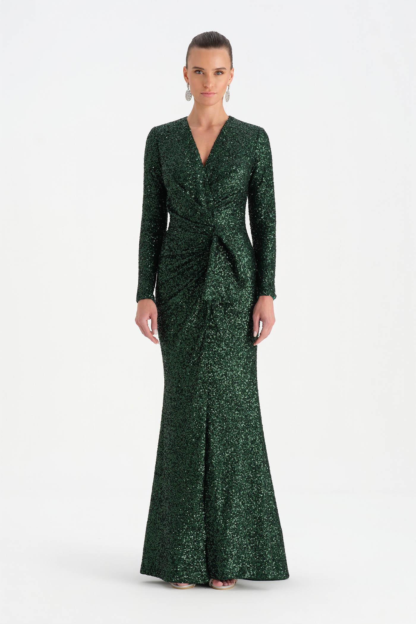 Payetli V Yaka Yırtmaçlı Drapeli Abiye Elbise - 26065C