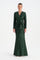 V Yaka Bel Detaylı Drapeli Uzun Payet Abiye Elbise - 26065C - YEŞİL