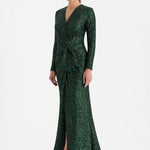 Payetli V Yaka Yırtmaçlı Drapeli Abiye Elbise - 26065C