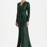 Payetli V Yaka Yırtmaçlı Drapeli Abiye Elbise - 26065C