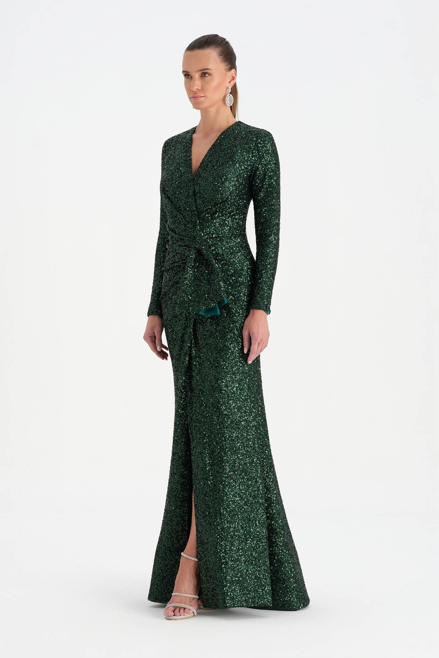 Payetli V Yaka Yırtmaçlı Drapeli Abiye Elbise - 26065C