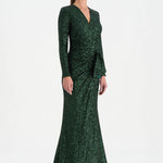 Payetli V Yaka Yırtmaçlı Drapeli Abiye Elbise - 26065C