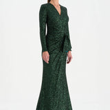 Payetli V Yaka Yırtmaçlı Drapeli Abiye Elbise - 26065C