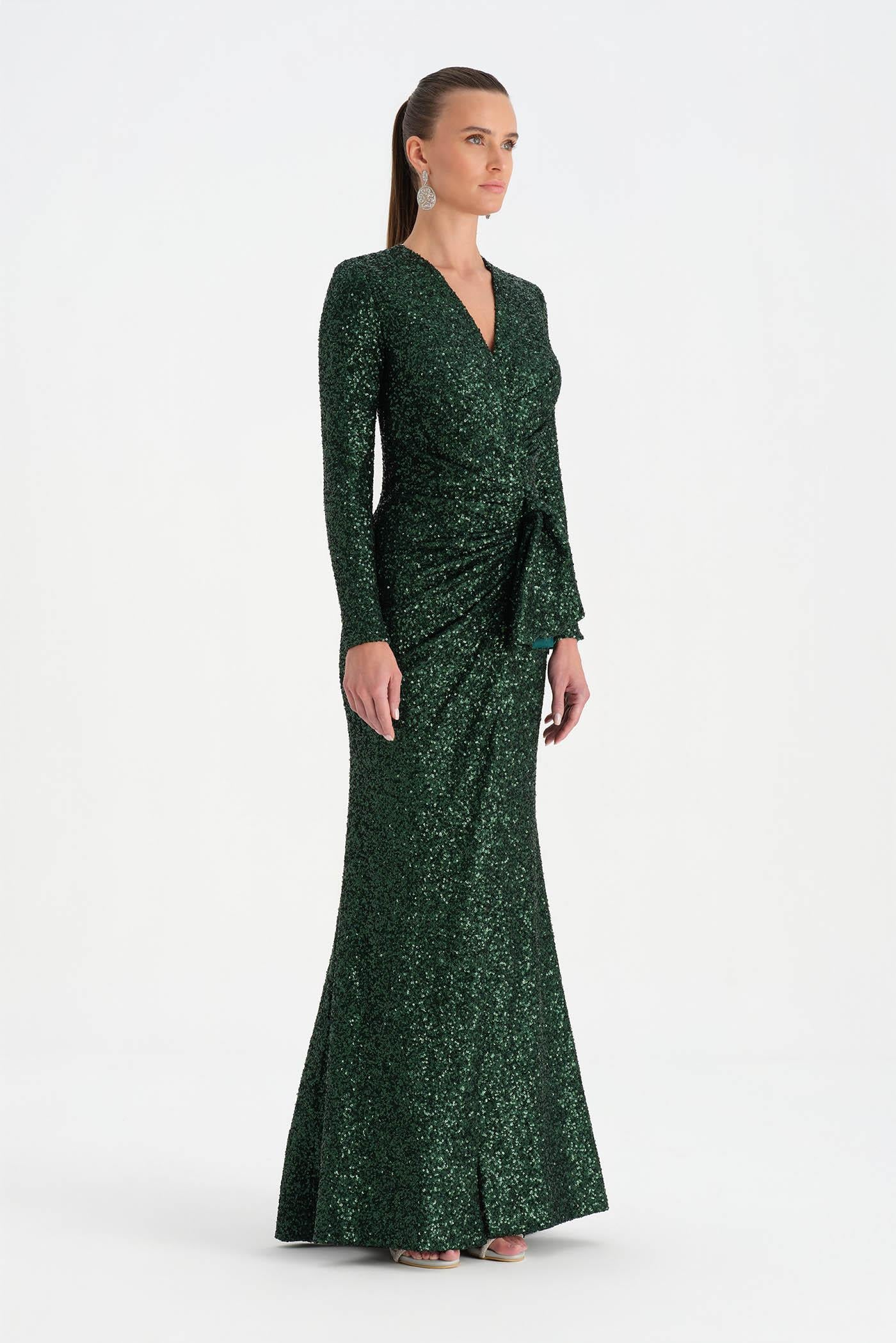 Payetli V Yaka Yırtmaçlı Drapeli Abiye Elbise - 26065C