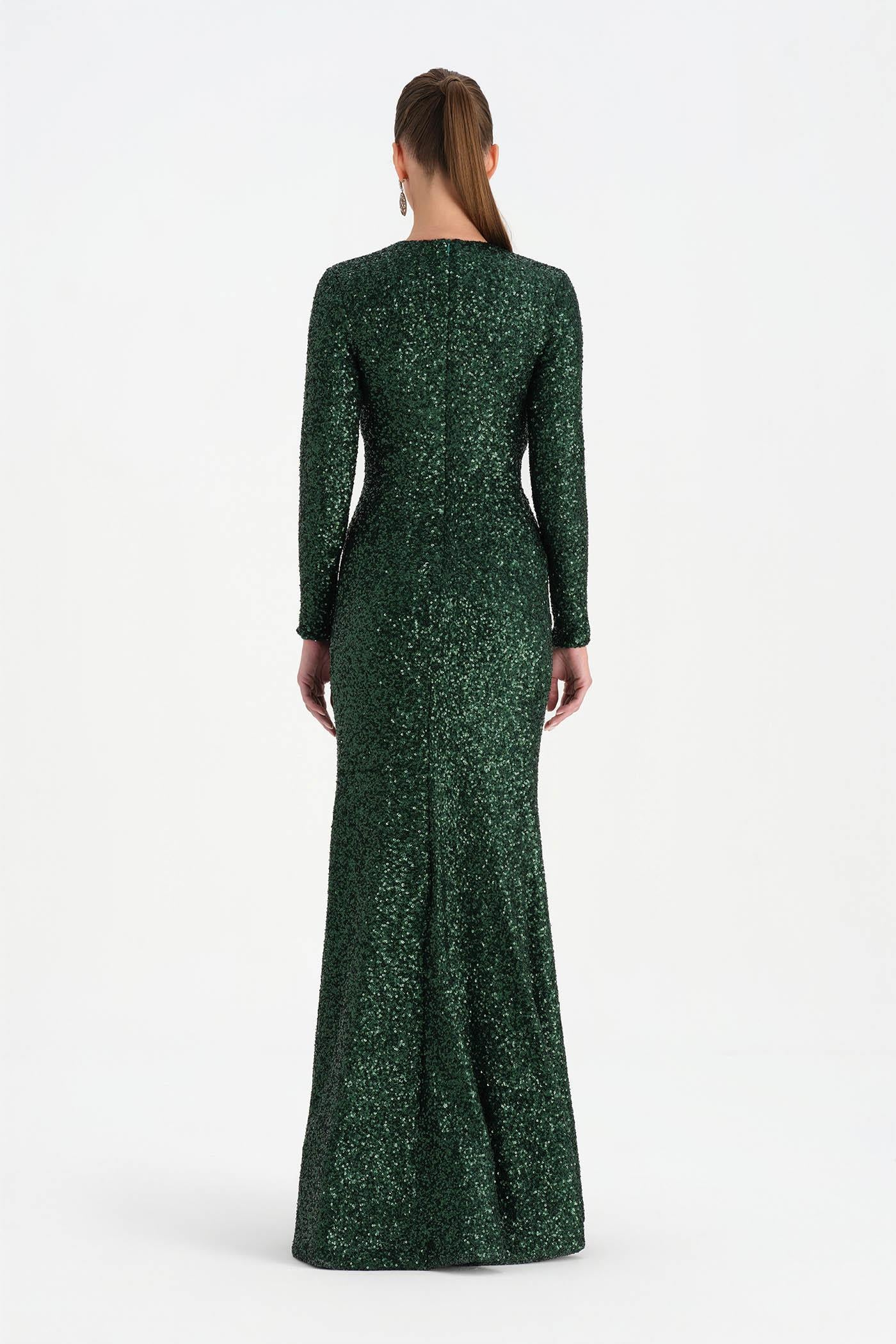 Payetli V Yaka Yırtmaçlı Drapeli Abiye Elbise - 26065C