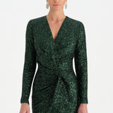 Payetli V Yaka Yırtmaçlı Drapeli Abiye Elbise - 26065C