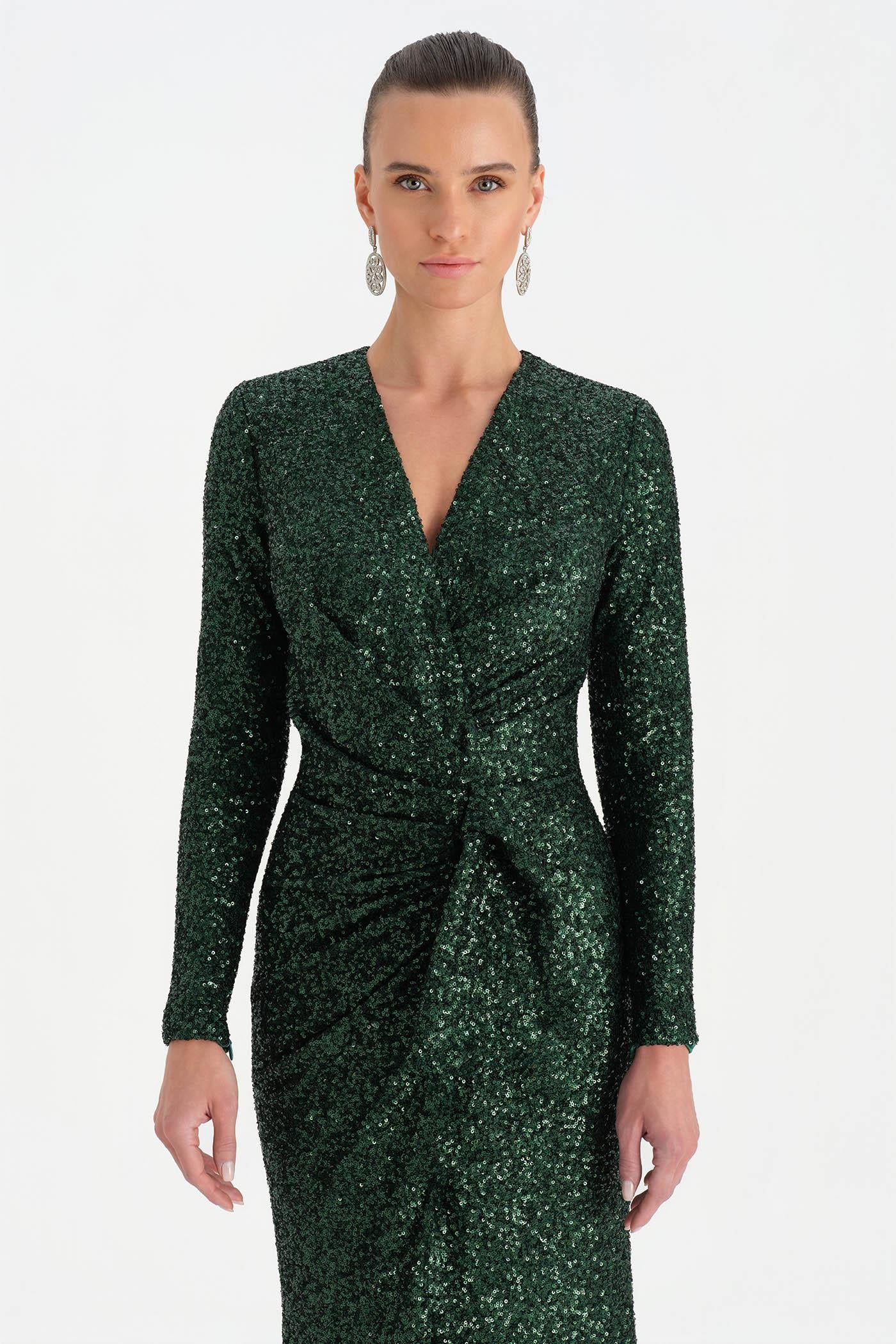 Payetli V Yaka Yırtmaçlı Drapeli Abiye Elbise - 26065C